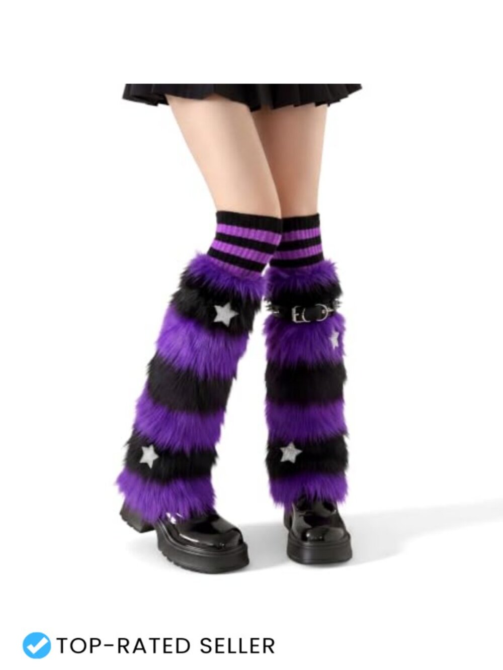 Faux Fur Furry Leg Warmers Knit Socks Studded Leather Chain Halloween Cosplay